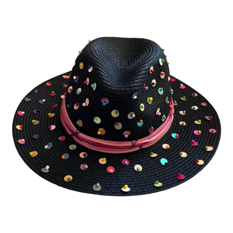 LE TRIO Black Panama Hat with Colorful Sequins