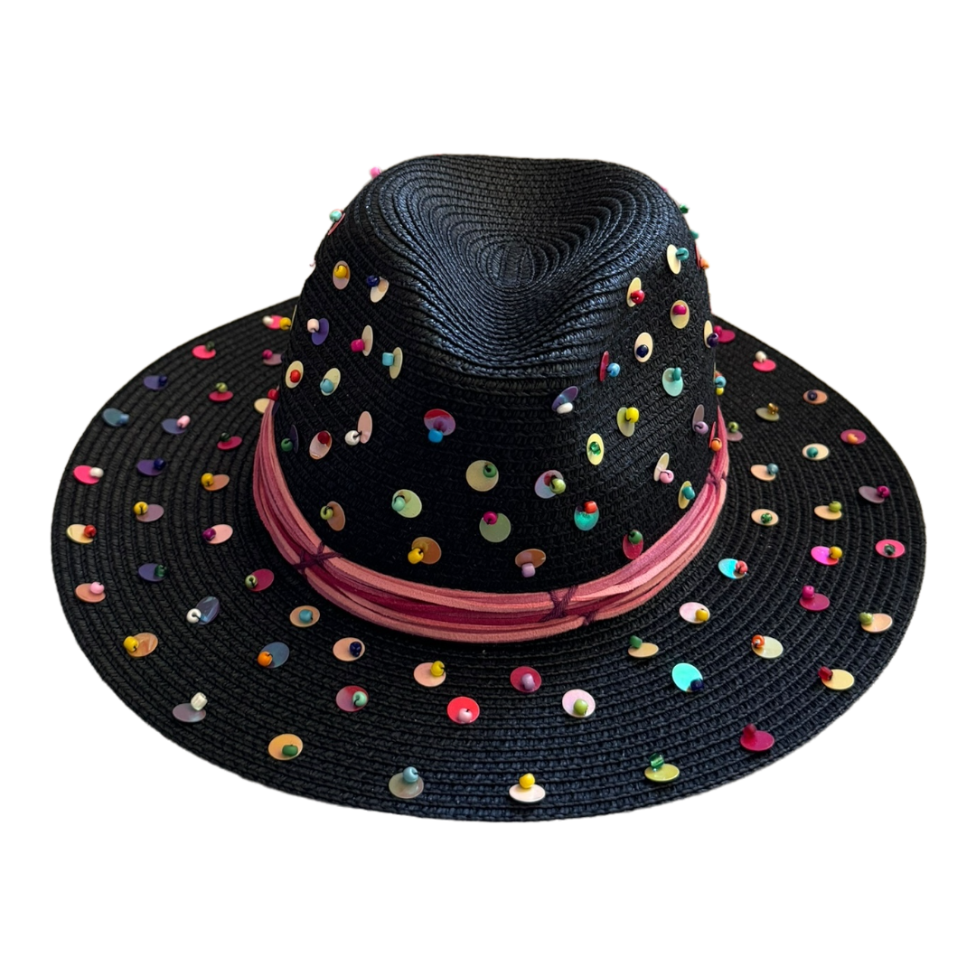 LE TRIO Black Panama Hat with Colorful Sequins