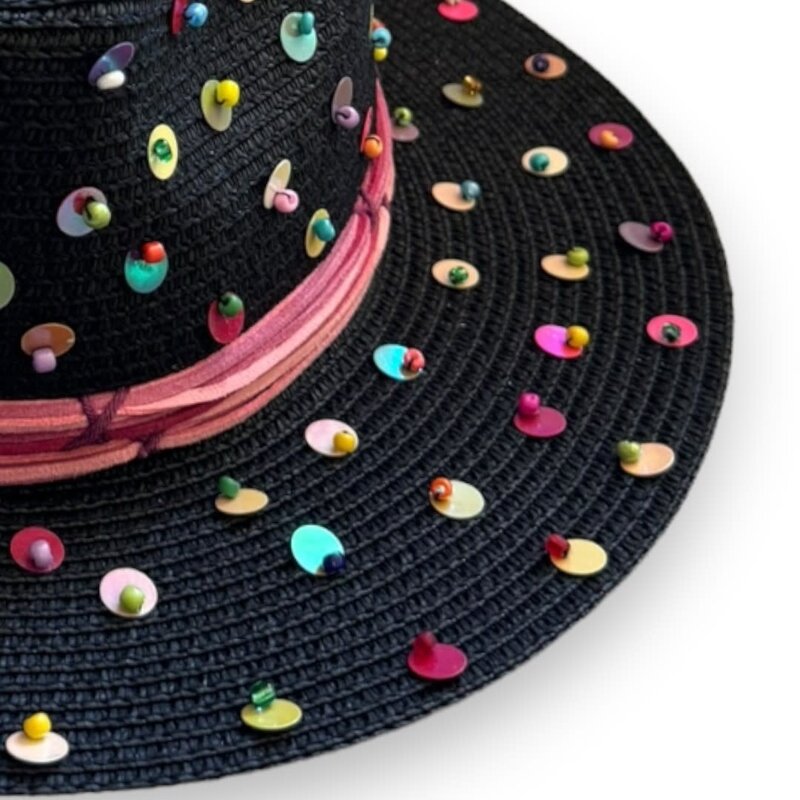 LE TRIO Black Panama Hat with Colorful Sequins