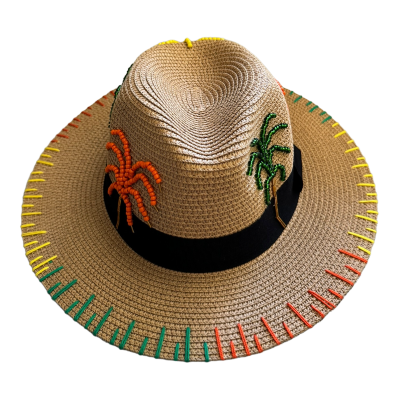 LE TRIO ORANGE AND GREEN PALM TREES PANAMA HAT