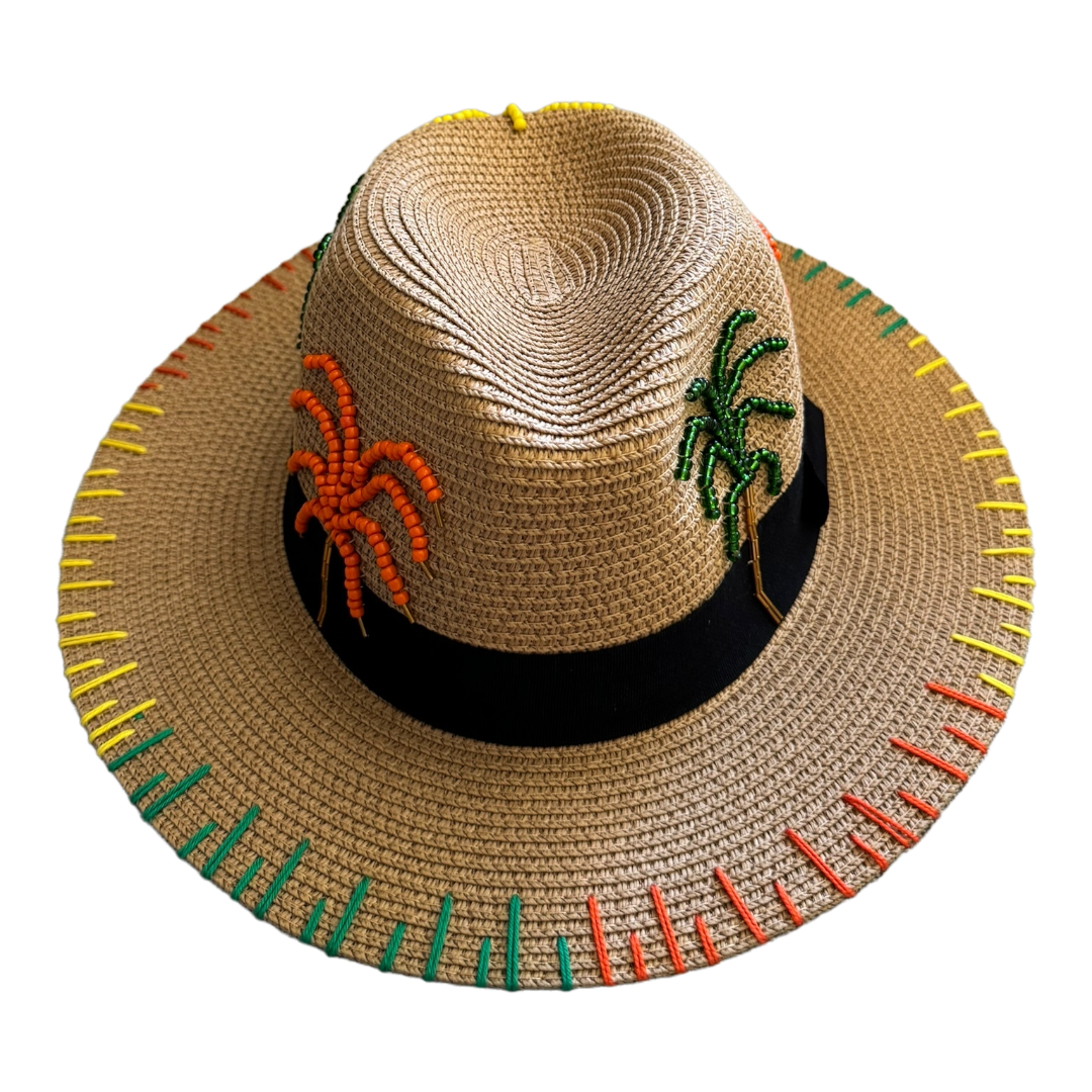 LE TRIO ORANGE AND GREEN PALM TREES PANAMA HAT