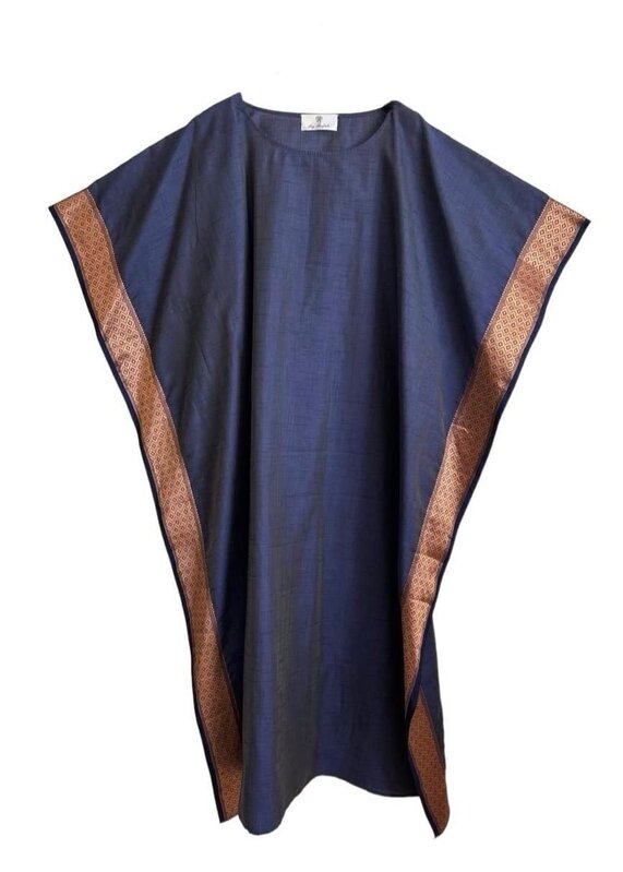 BY RAFAH NAVY BLUE with brown SILK Kaftan