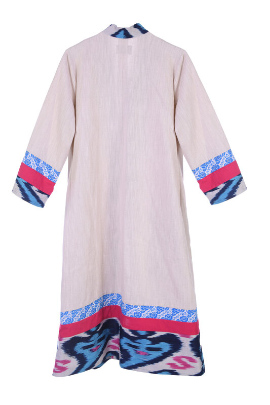 MAY KHOURY beige short abaya with Ikat and embroidery