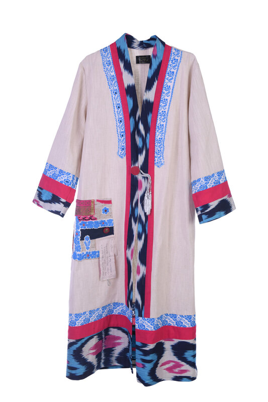 MAY KHOURY beige short abaya with Ikat and embroidery