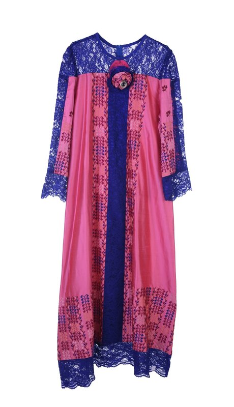 MAY KHOURY Pink Silk abaya with Navy blue lace