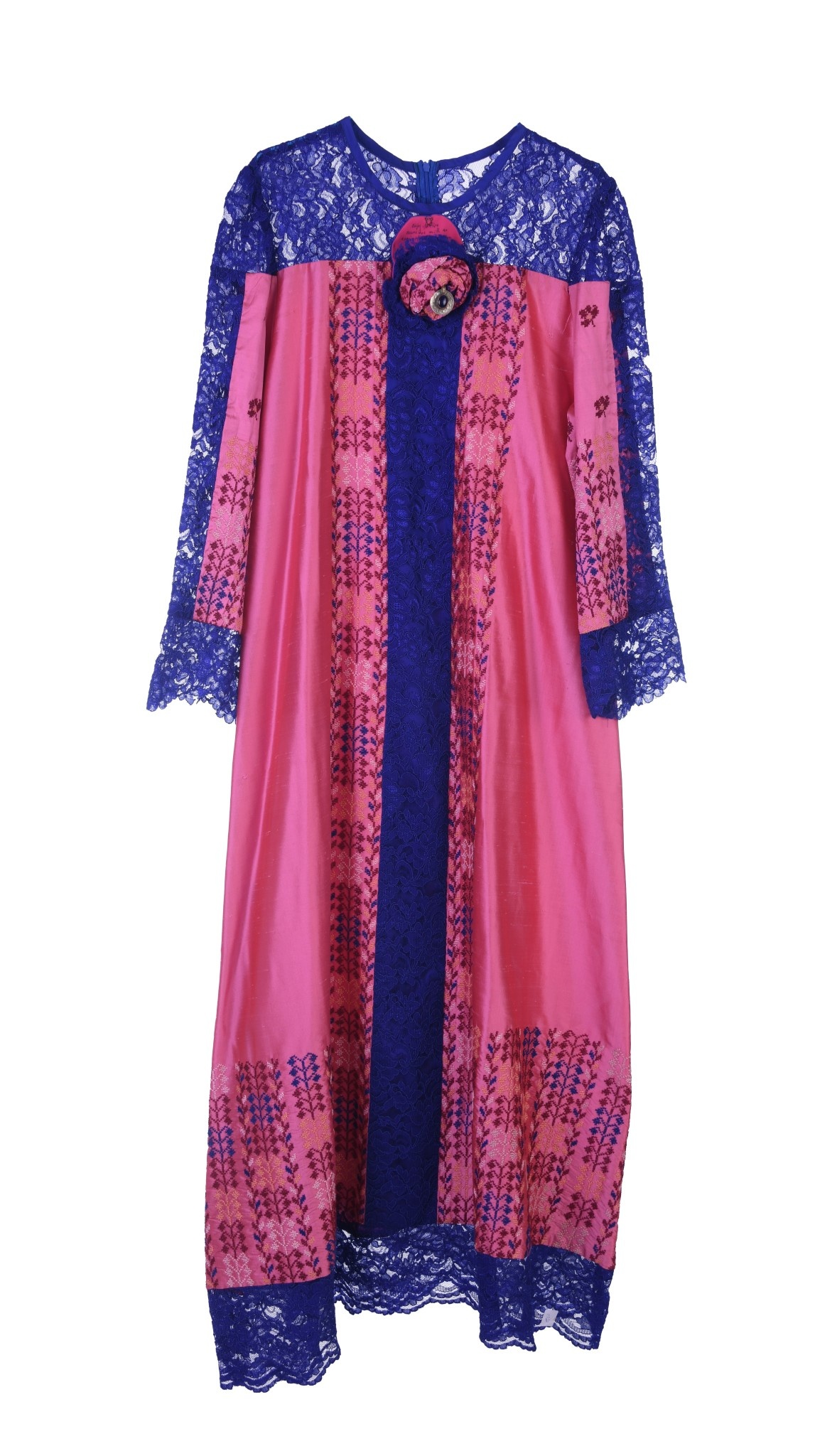 MAY KHOURY Pink Silk abaya with Navy blue lace