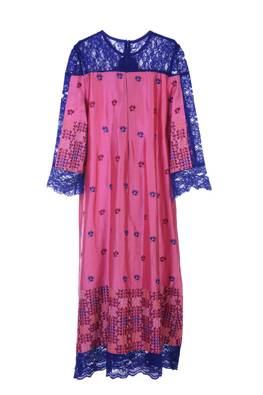 MAY KHOURY Pink Silk abaya with Navy blue lace