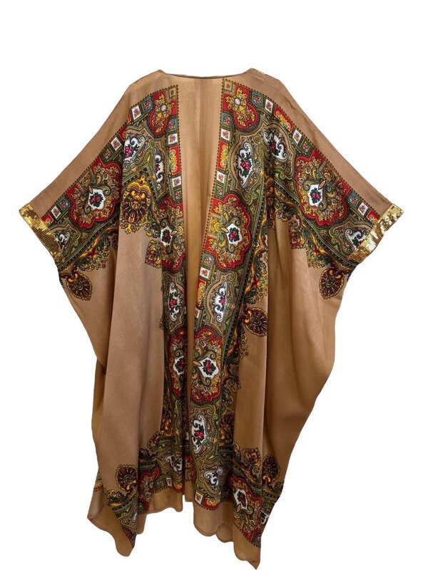 BY RAFAH Floral Brown Open Abaya with Gold Sequins Lining