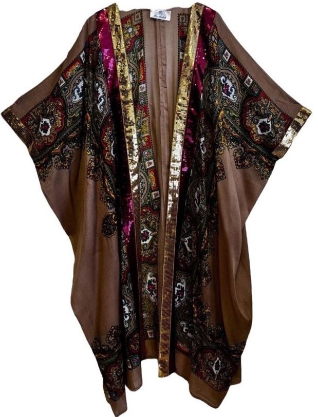 BY RAFAH Floral Brown Open Abaya with Gold Sequins Lining