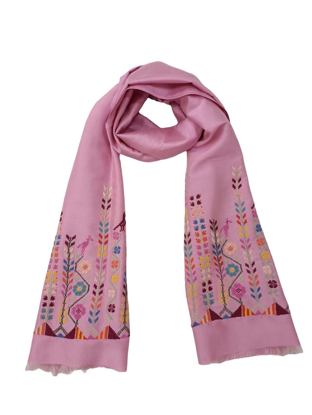 KERMAZ Pink Silk Shawl with Colorful Embroidery