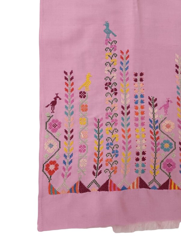 KERMAZ Pink Silk Shawl with Colorful Embroidery