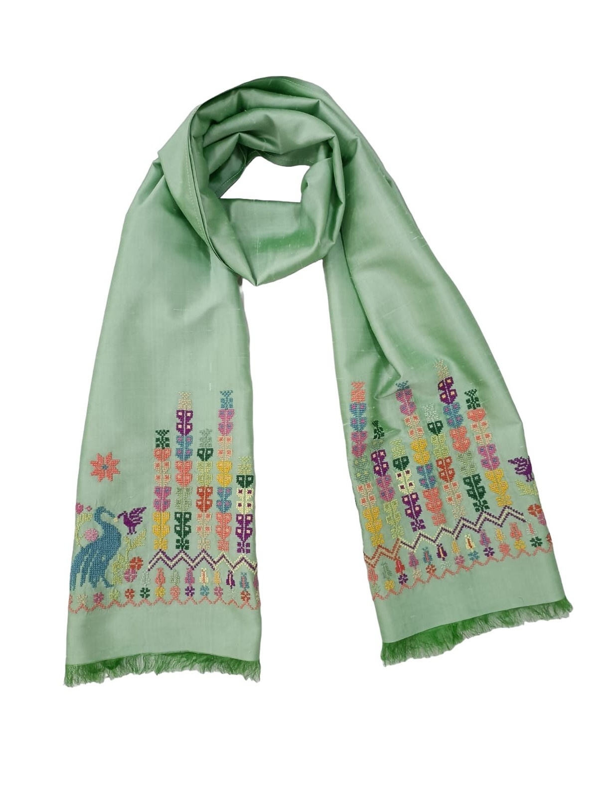 KERMAZ Light Green Silk Shawl with Colorful Embroidery