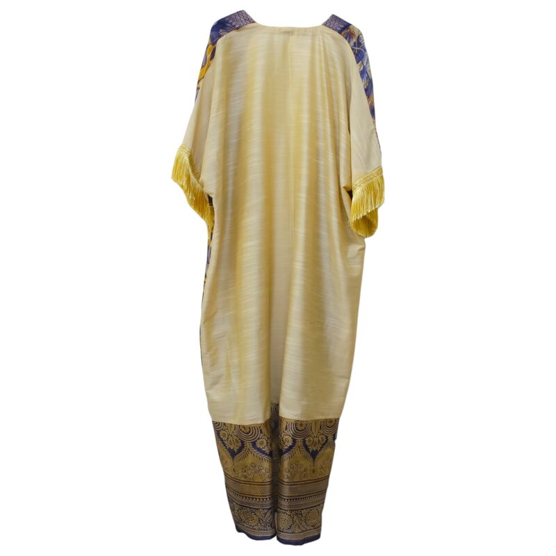 ALKUTBIA BEIGE and blue KIMONO WITH Yellow tassels