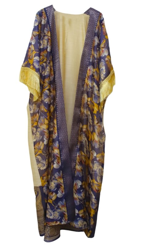 ALKUTBIA BEIGE and blue KIMONO WITH Yellow tassels