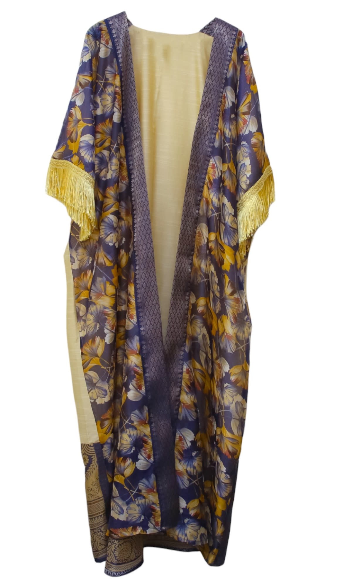 ALKUTBIA BEIGE and blue KIMONO WITH Yellow tassels