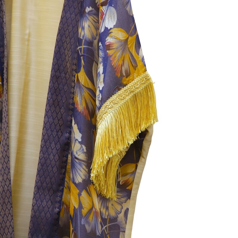 ALKUTBIA BEIGE and blue KIMONO WITH Yellow tassels