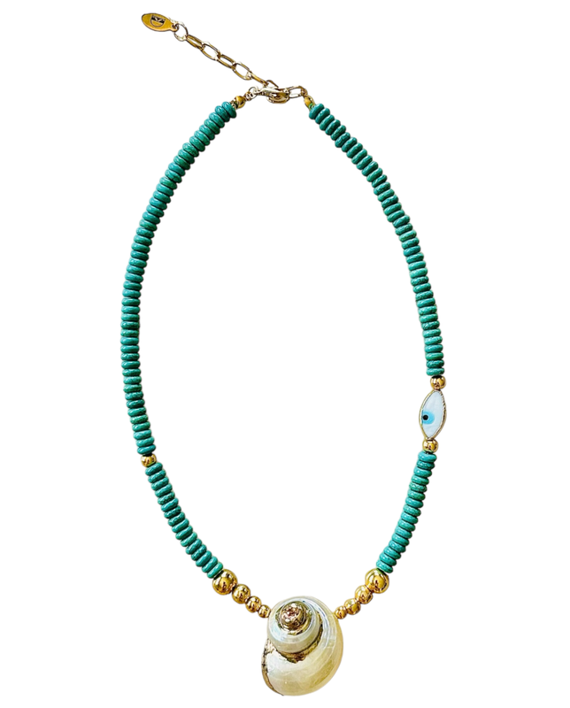 D BY DALIA Evil Eye and Crab Shell Turquoise Discs Necklace