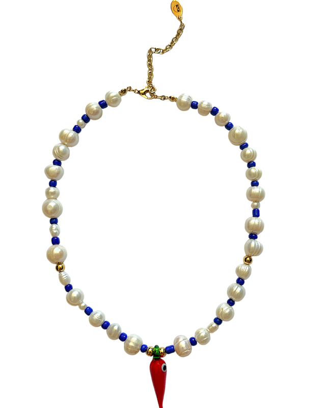 D BY DALIA Chili Pepper Blue Beads and Pearl Necklace