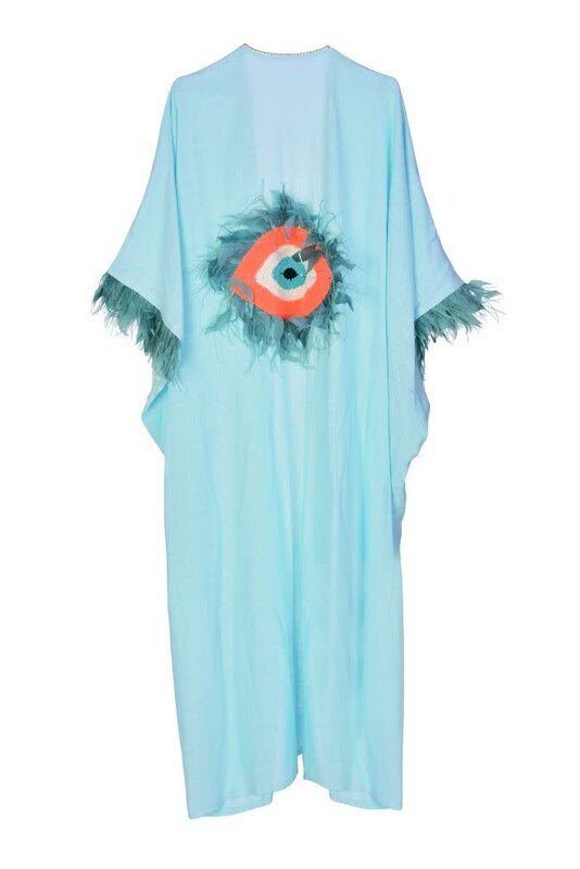 BISHT O ABAYA Mint Blue Open Abaya with Crochet Evil Eye