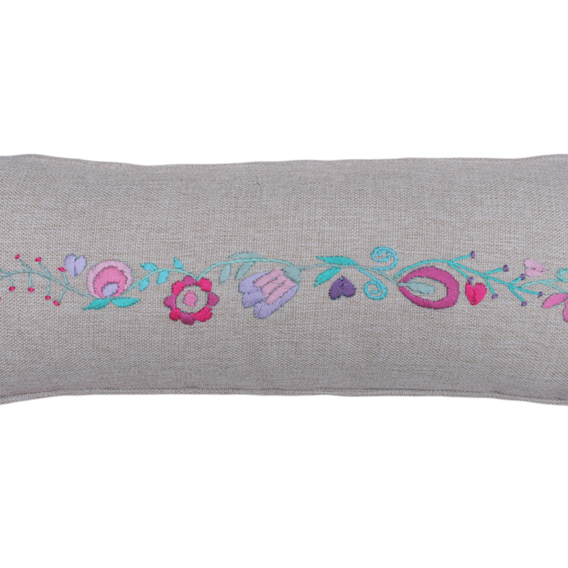 STITCHED WITH LOVE BY WAFA beige linen rectangle cushion colorful embroidery