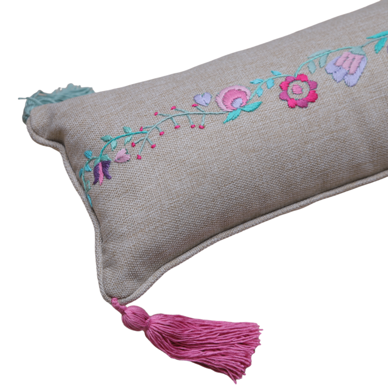 STITCHED WITH LOVE BY WAFA beige linen rectangle cushion colorful embroidery