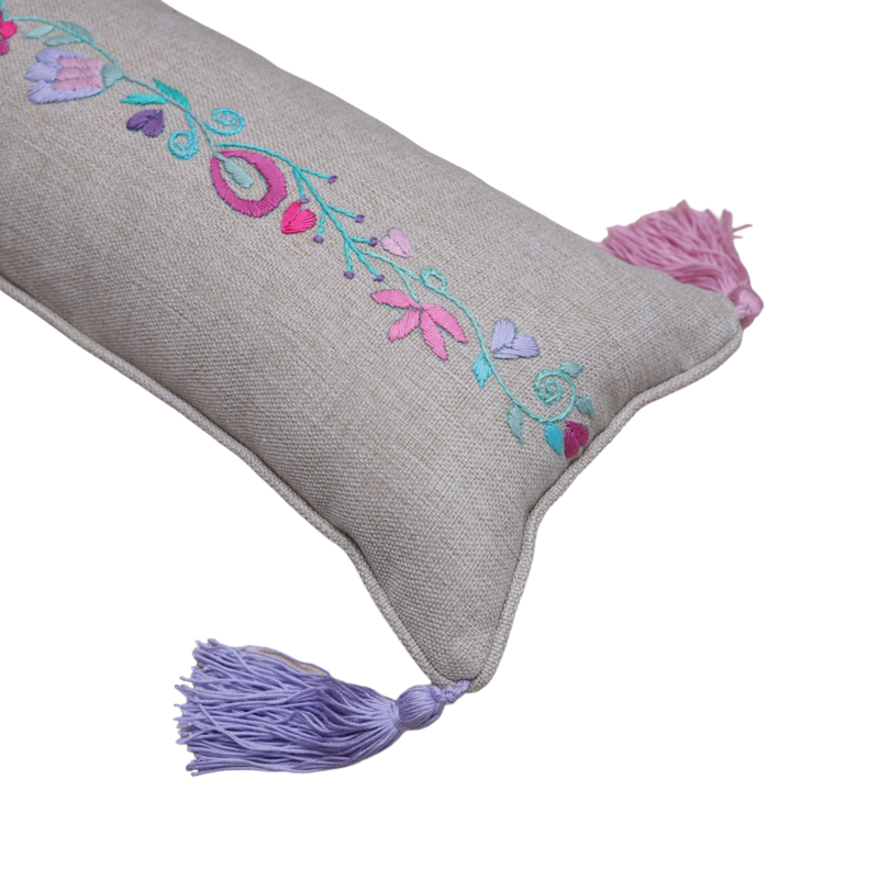 STITCHED WITH LOVE BY WAFA beige linen rectangle cushion colorful embroidery