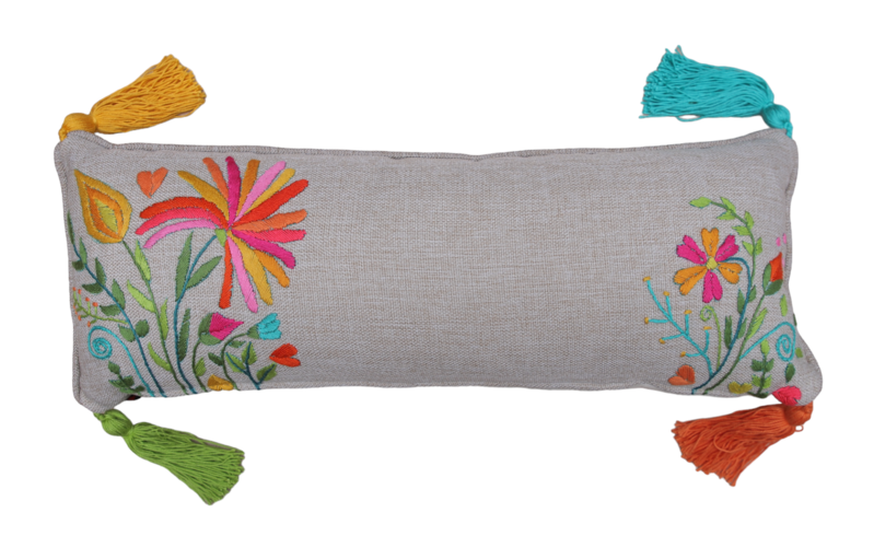 STITCHED WITH LOVE BY WAFA beige linen rectangle cushion colorful embroidery