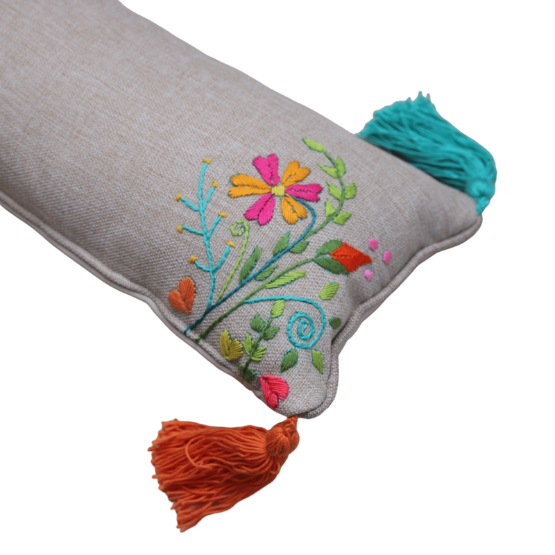 STITCHED WITH LOVE BY WAFA beige linen rectangle cushion colorful embroidery