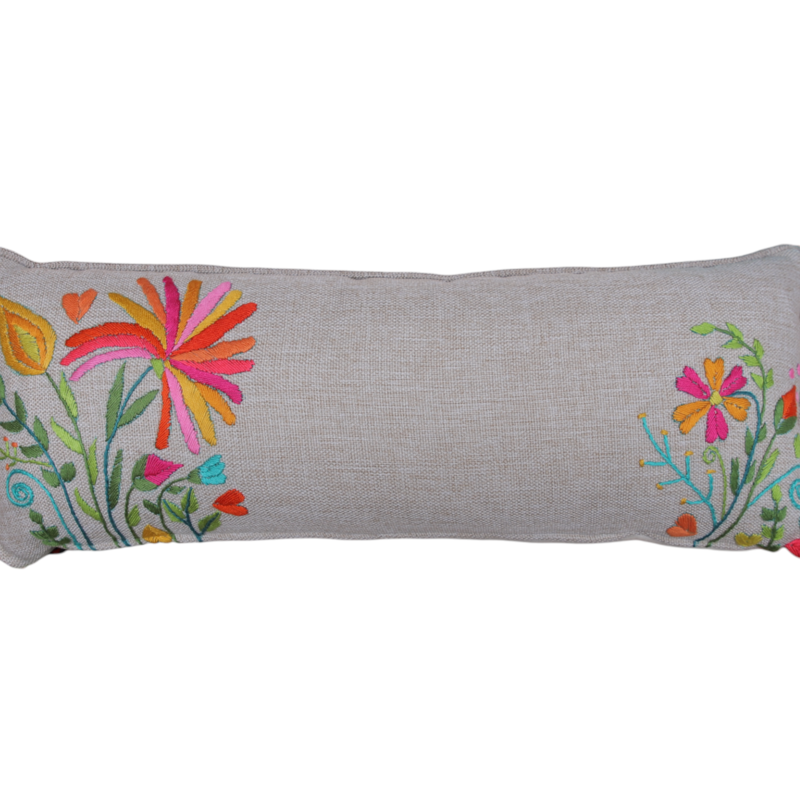 STITCHED WITH LOVE BY WAFA beige linen rectangle cushion colorful embroidery