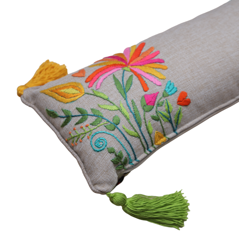 STITCHED WITH LOVE BY WAFA beige linen rectangle cushion colorful embroidery