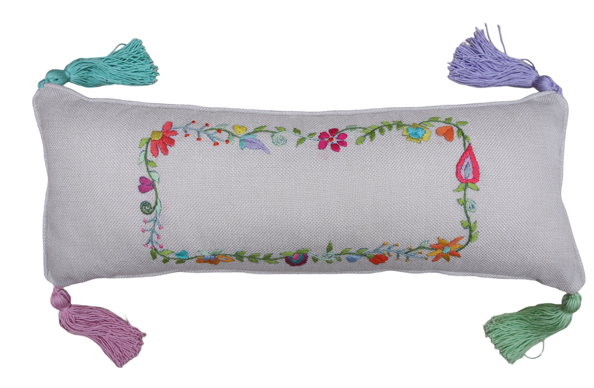 STITCHED WITH LOVE BY WAFA beige linen rectangle cushion colorful embroidery