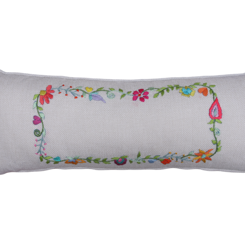 STITCHED WITH LOVE BY WAFA beige linen rectangle cushion colorful embroidery