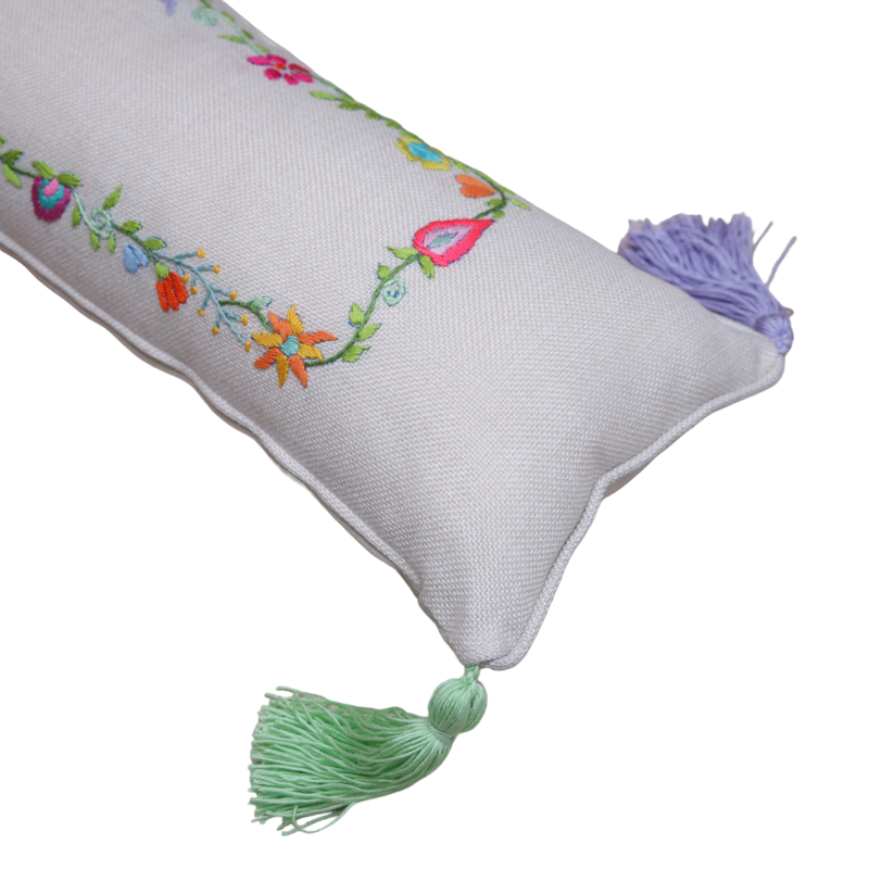 STITCHED WITH LOVE BY WAFA beige linen rectangle cushion colorful embroidery