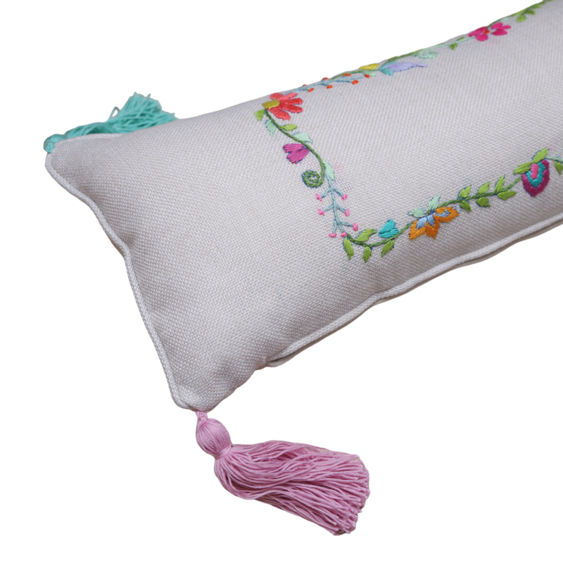 STITCHED WITH LOVE BY WAFA beige linen rectangle cushion colorful embroidery