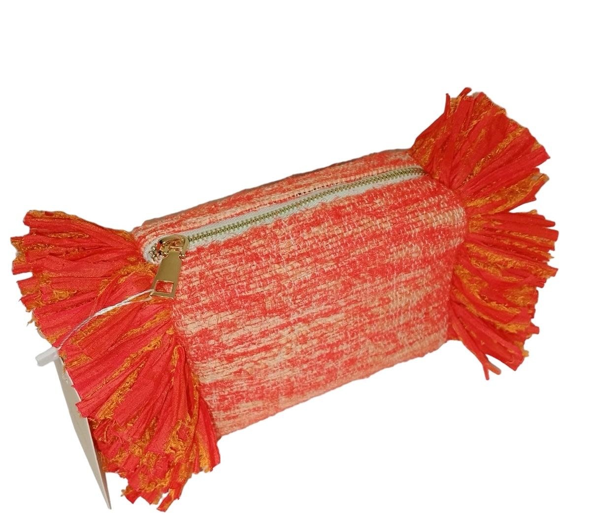 BASMA COLLECTION Orange fringe clutch made out of upcyled fabric handwoven on wooden looms