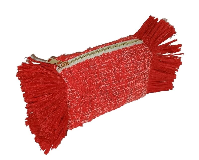 BASMA COLLECTION Red fringe clutch made out of upcycled fabric handwoven on wooden looms