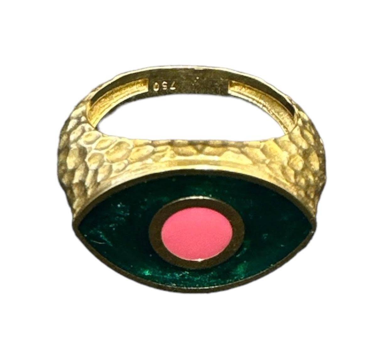 YOLA JAHSHAN Eye 18K Gold Ring with Green and Pink enamel