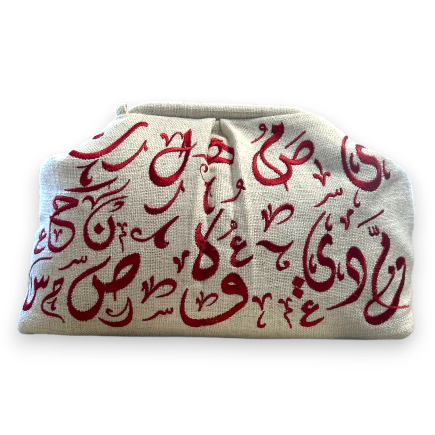 CITY & SEA Red Embroidered Calligraphy Off-White Clutch