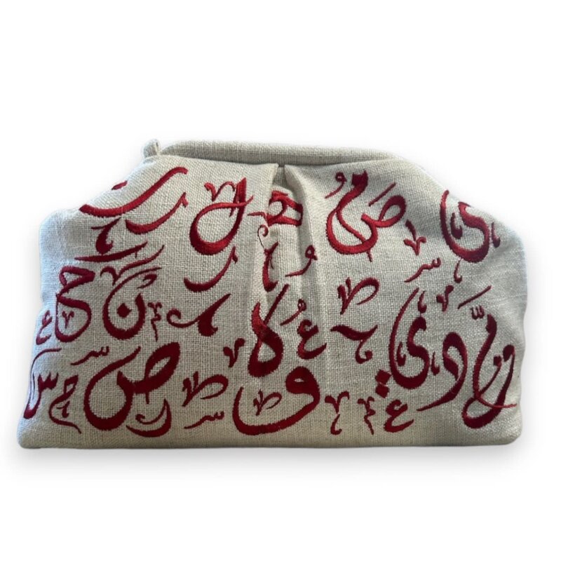 CITY & SEA Red Embroidered Calligraphy Off-White Clutch