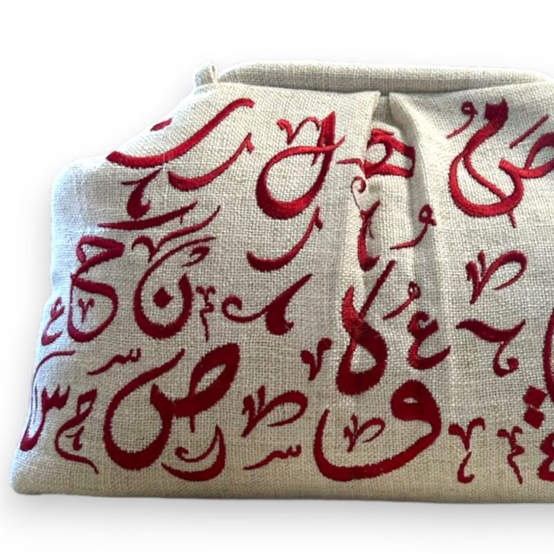 CITY & SEA Red Embroidered Calligraphy Off-White Clutch