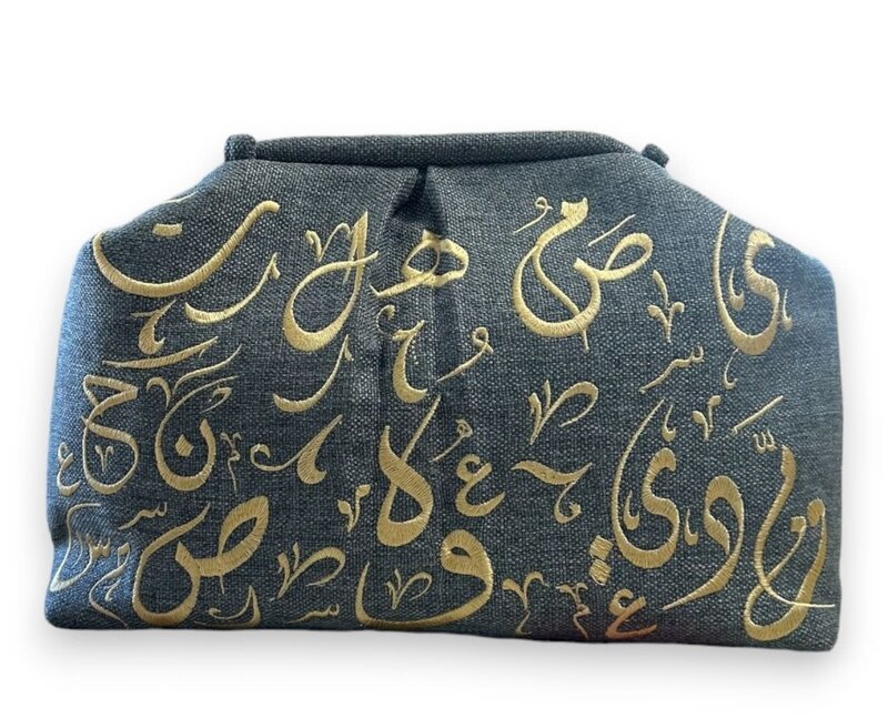 CITY & SEA Gold Embroidered Calligraphy Olive Green Clutch