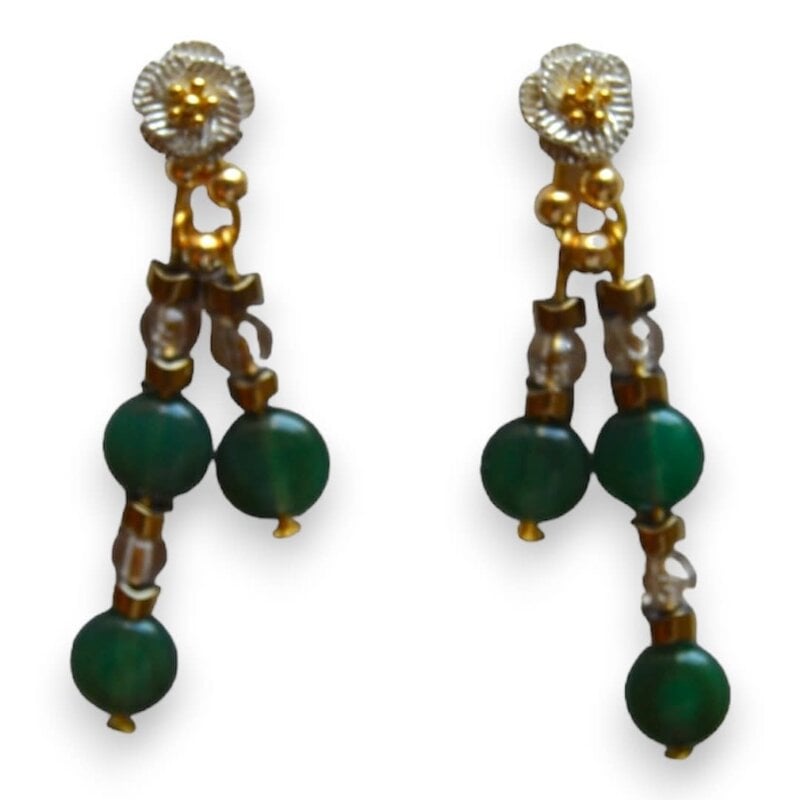 MINMAJD Jade, Hematite and Glass Earring with Silver Flower Stud