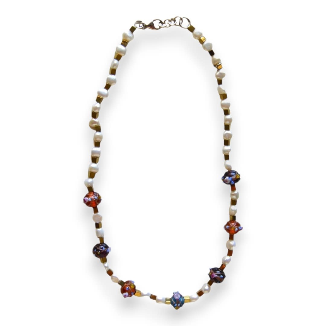 MINMAJD Cultured pearls, Hematite and Murano beads with silver lock Necklace