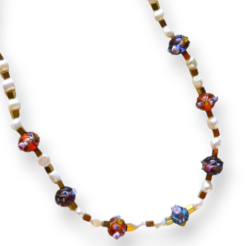 MINMAJD Cultured pearls, Hematite and Murano beads with silver lock Necklace