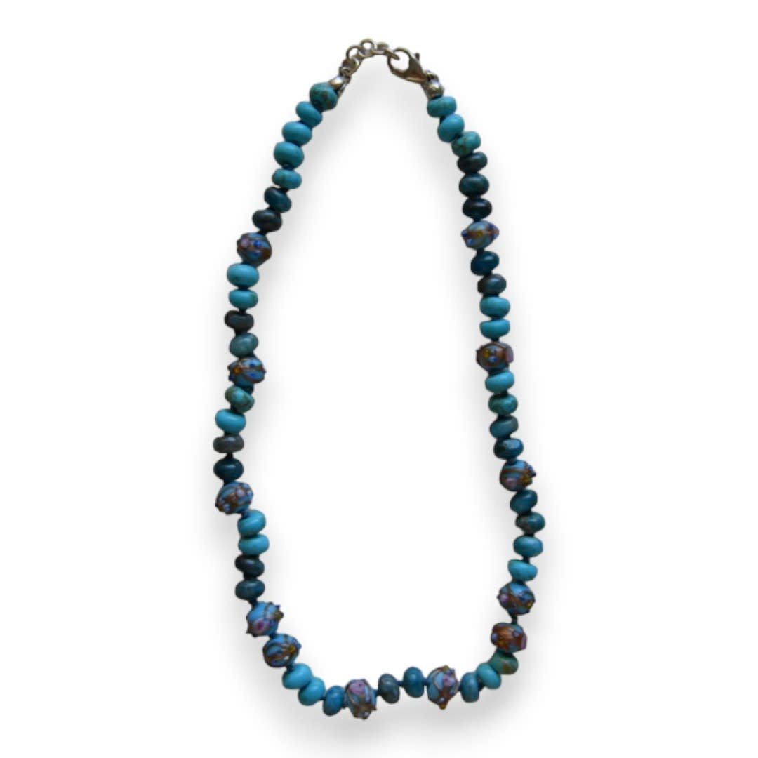 MINMAJD Knotted Blue Marble, Turquoise and Murano Beads with Silver Lock Necklace