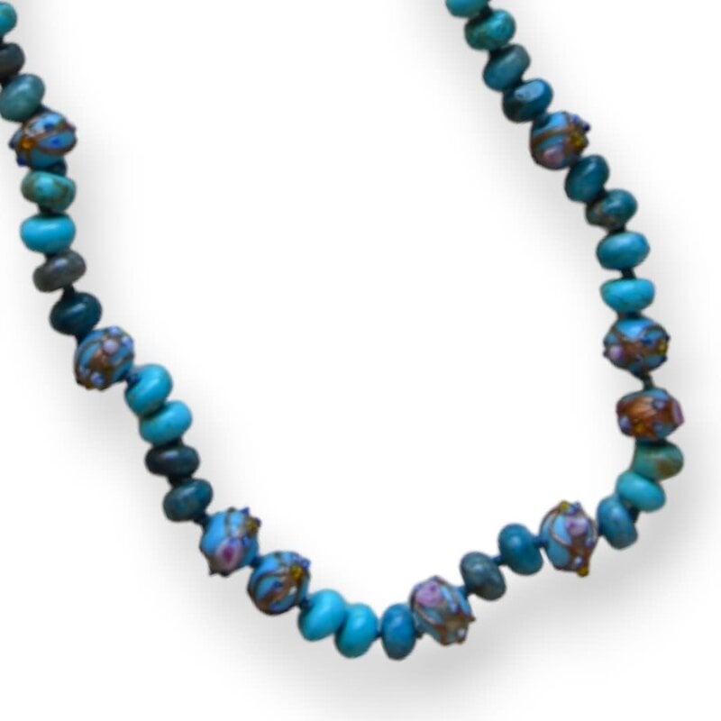 MINMAJD Knotted Blue Marble, Turquoise and Murano Beads with Silver Lock Necklace