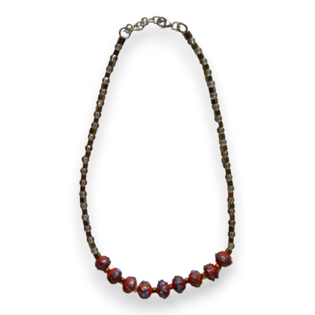 MINMAJD Red Murano, Hematite and Glass with Silver Lock Necklace