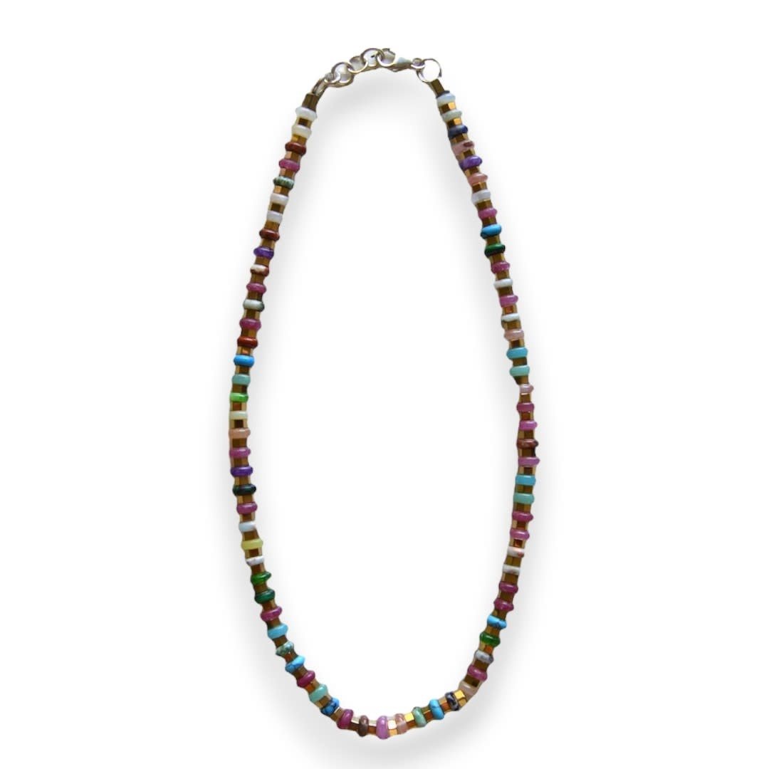 MINMAJD Multi Color Stones and Hematite with Silver Lock Necklace