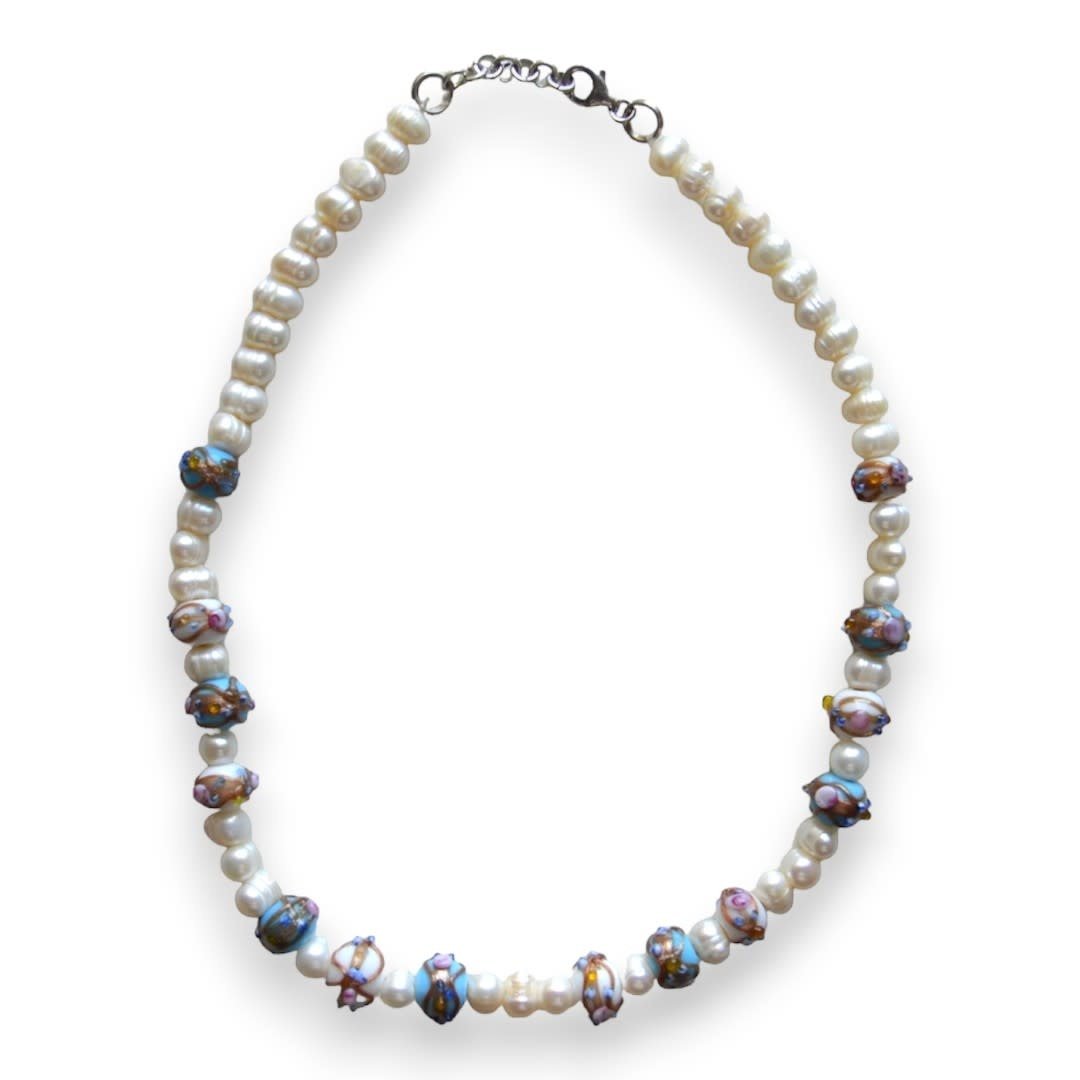 MINMAJD Cultured Pearls and Murano Beads with Silver Lock Necklace