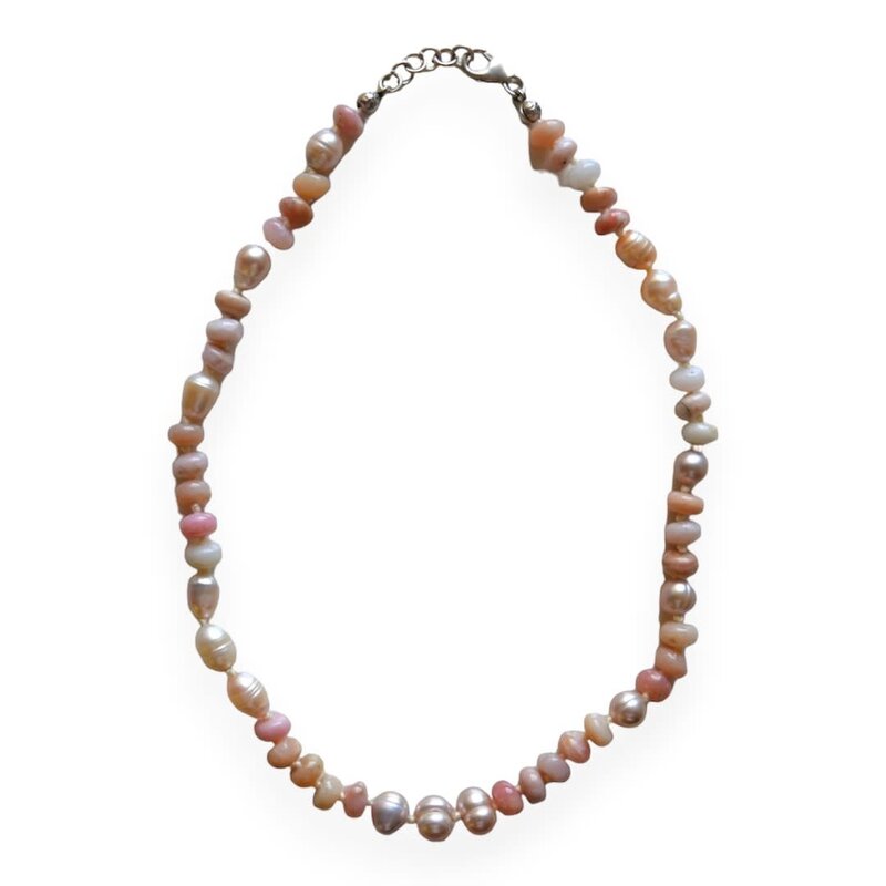 MINMAJD Knotted Pink Marble and Cultured Pearls with Silver Lock Necklace